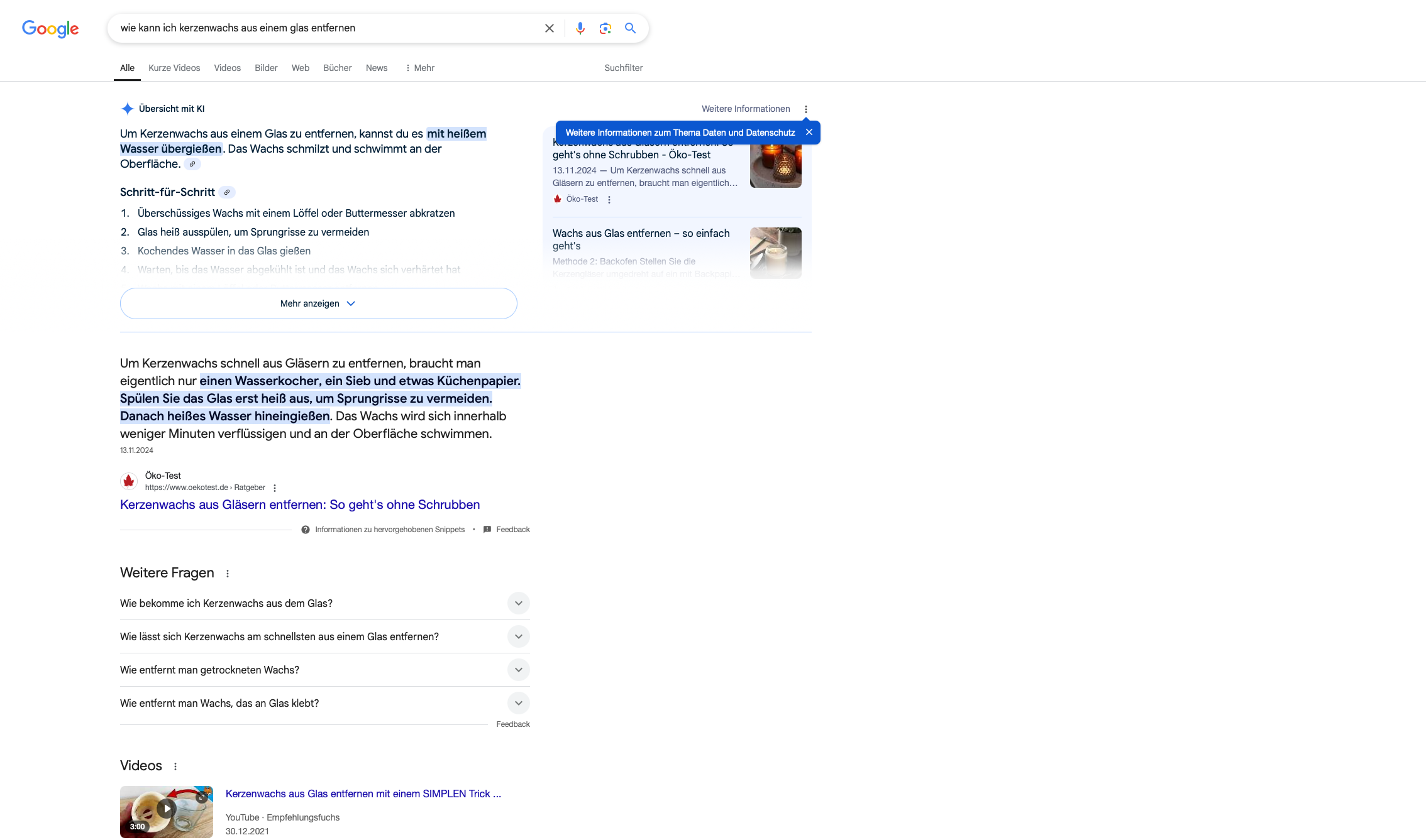 Google AI Overviews in Deutschland ausgerollt Screenshot der neu in Deutschlad ausgerollten AI Overviews von Google als Veranschaulichung, wie Google die KI-Antworten in den Suchergebnissen implementiert hat
