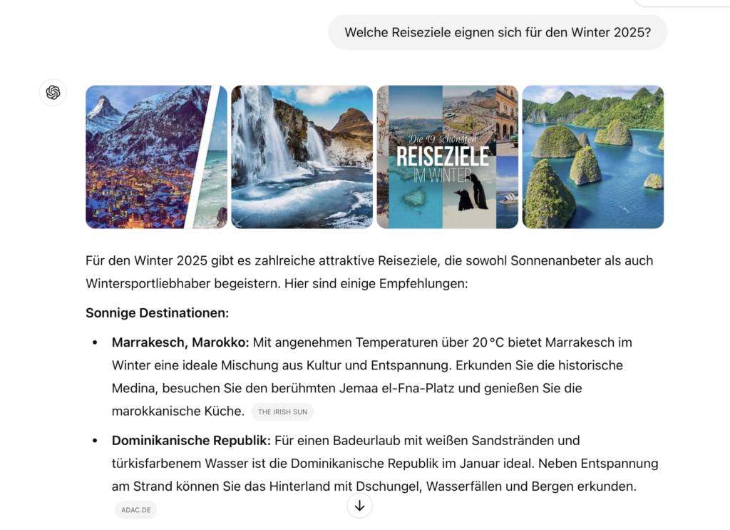 Screenshot aus ChatGPT: Frage: Beste Reiseziele Winter 2025