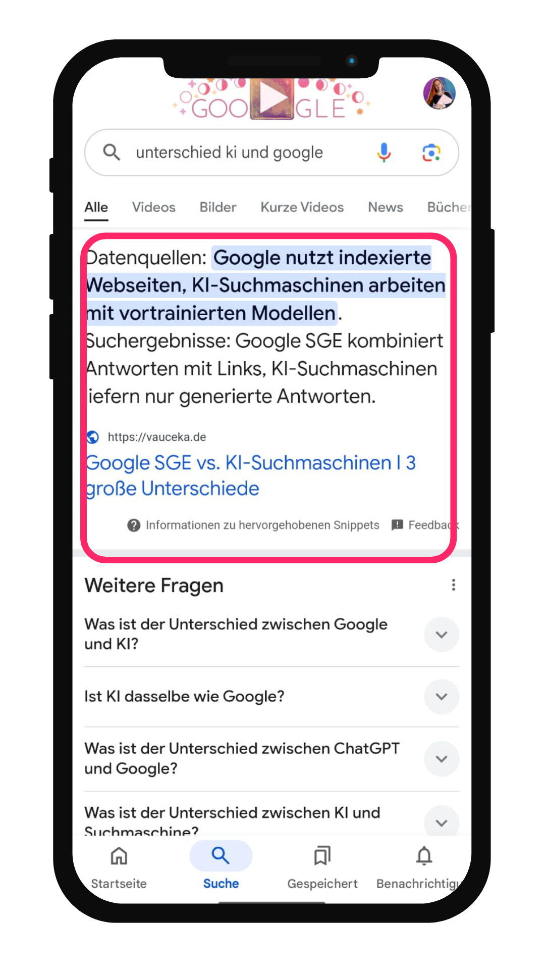 Beispiel wie GEO-Strategie wirkt Screenshot meines eigenen Featured Snippets, welches durch meine GEO-Strategie in Google gezeigt wurde zu der Frage: Unetrschied Google vs. KI: 3 große Unterschiede