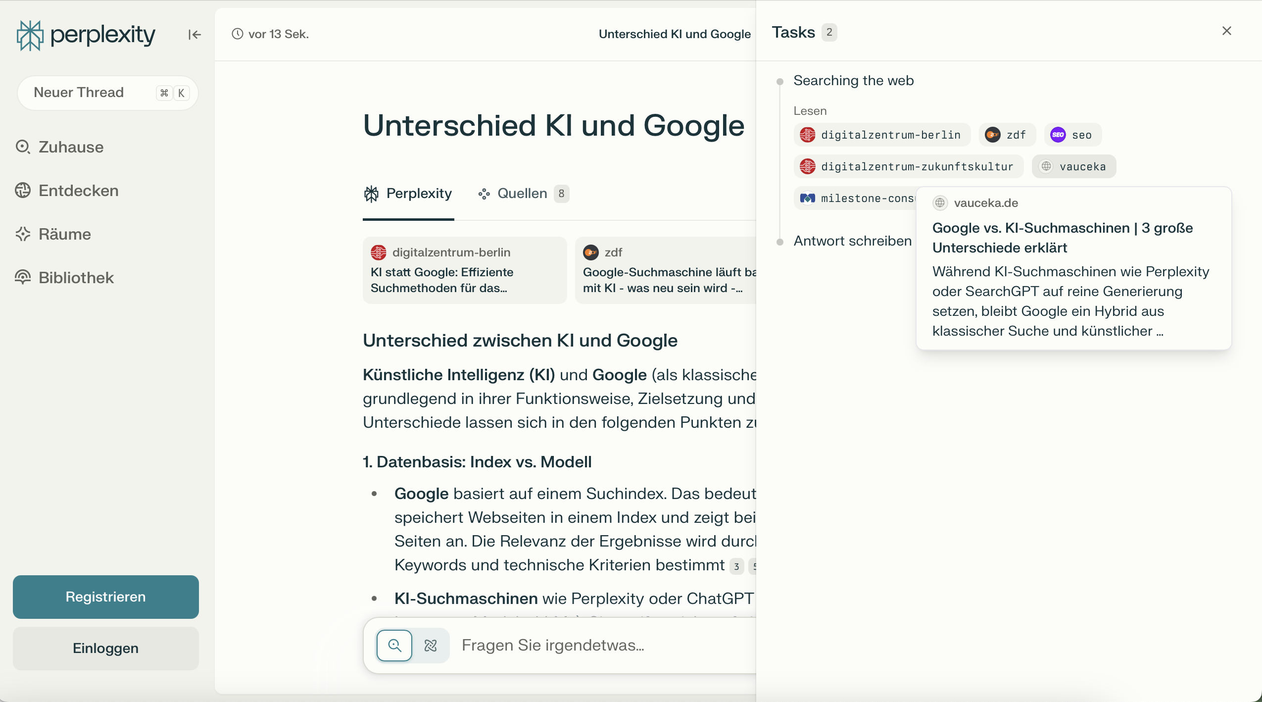 Screenshot_Perplexity zitiert vauceka.de Screenshot von Perplexity, wo gezeigt wird, dass die KI vauceka.de zitiert zu der Frage, was der Unterschied zwischen KI und Google ist