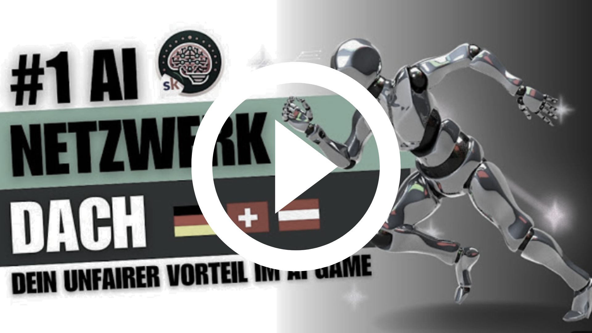 Schriftzug AI NETZWERK DACH mit laufendem Roboter 