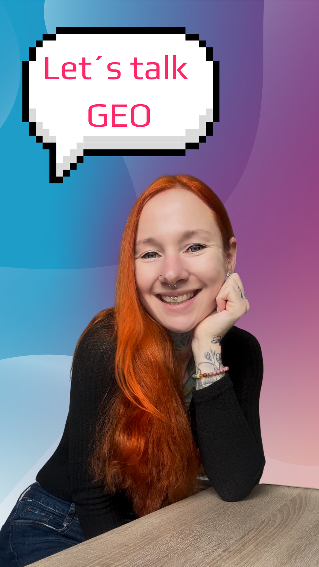 Lass-uns-GEO-sprechen Rothaarige Frau (Vanessa Kämmerling) die lachend und auffordernd in die Kamera schaut, um ihre Bereitschaft über GEO zu sprechen kundzutun.