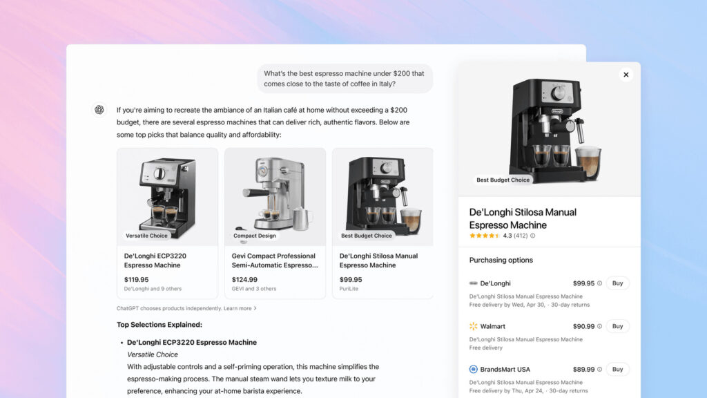 ChatGPT Shopping Feature Screenshot aus OpenAIs ChatGPT Shopping, hier wird dargestellt, wie die neue ChatGPT Shopping Funktion aussehen soll