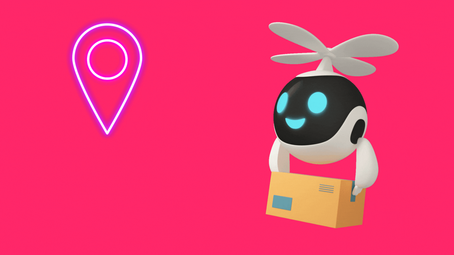 Local GEO Pinkes Ort-Symbol und ein fliegender Roboter als Symbol für meine KI-basierte Standortoptimierung für lokale Unternehmen
