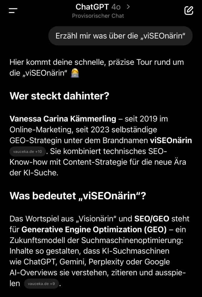 Auszug aus provisorischem Chat mit ChatGPT, wo Vanessa Kämmerlings Marke "viSEOnärin" erklärt wird.