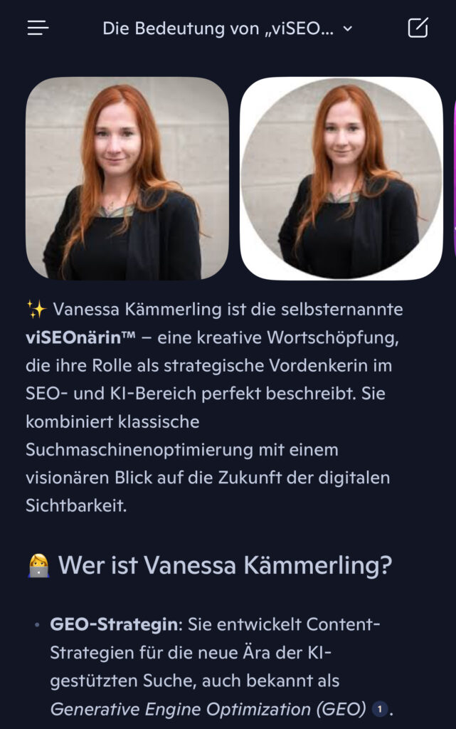 Auszug aus Copilot, wo Vanessa Kämmerlings Marke "viSEOnäein" erklärt wird.